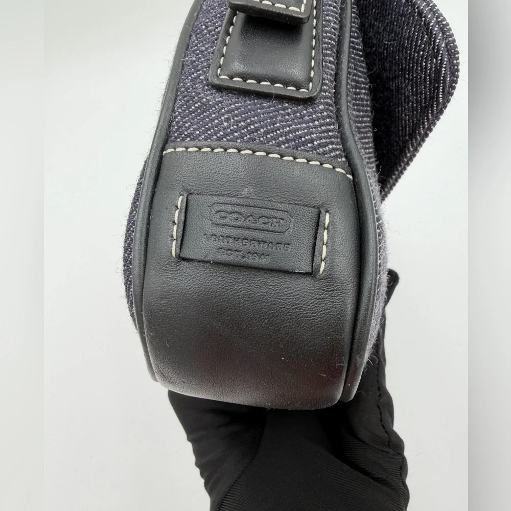 Vintage Coach E0J-7763 Black Denim Wool Flap Shoulder Bag Y2K Baguette Buckle